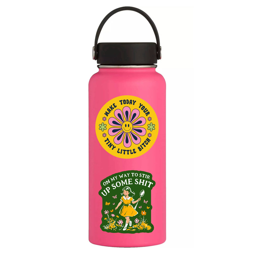 Pink water bottle with colorful graphic design on a white background