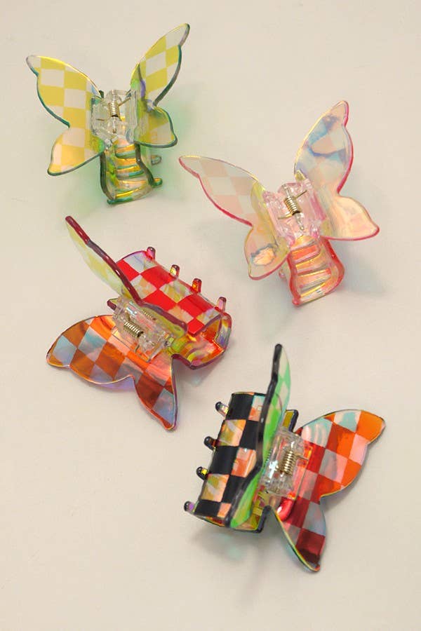 Holographic Checker Butterfly Hair Claw Clip