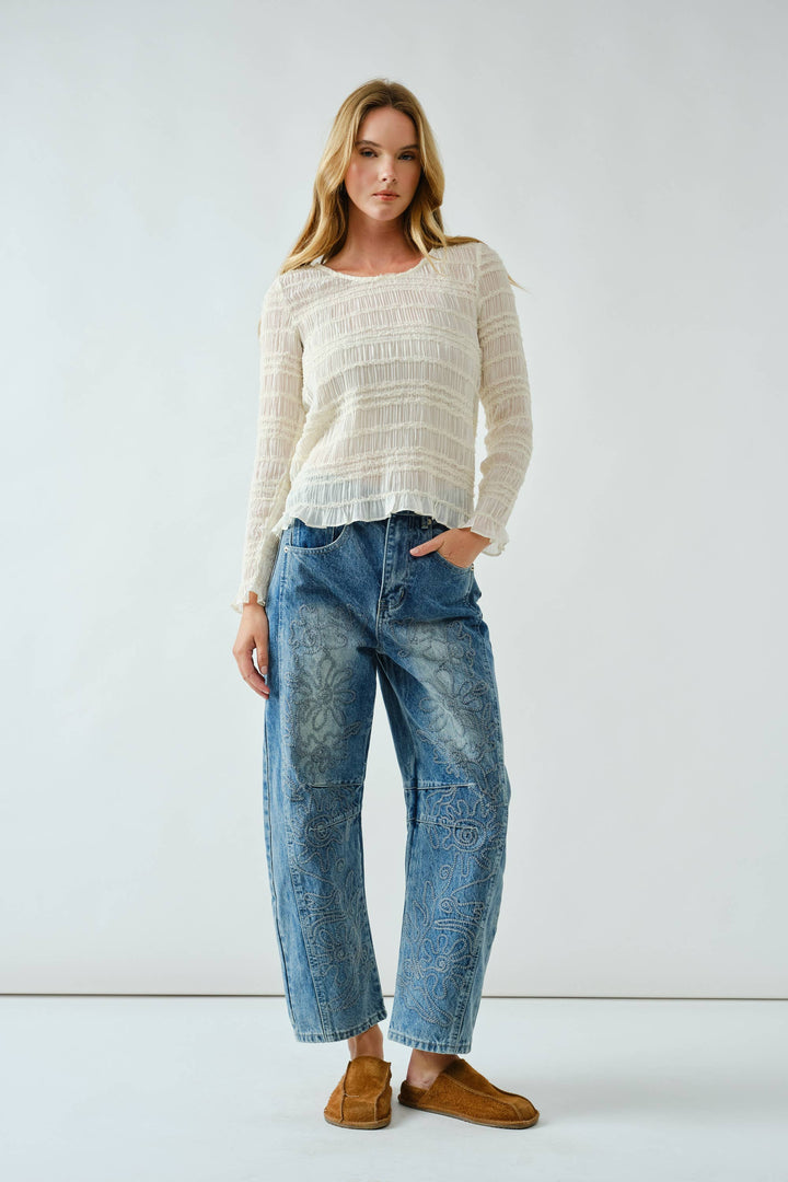 Embroidered Cotton Barrel Pants