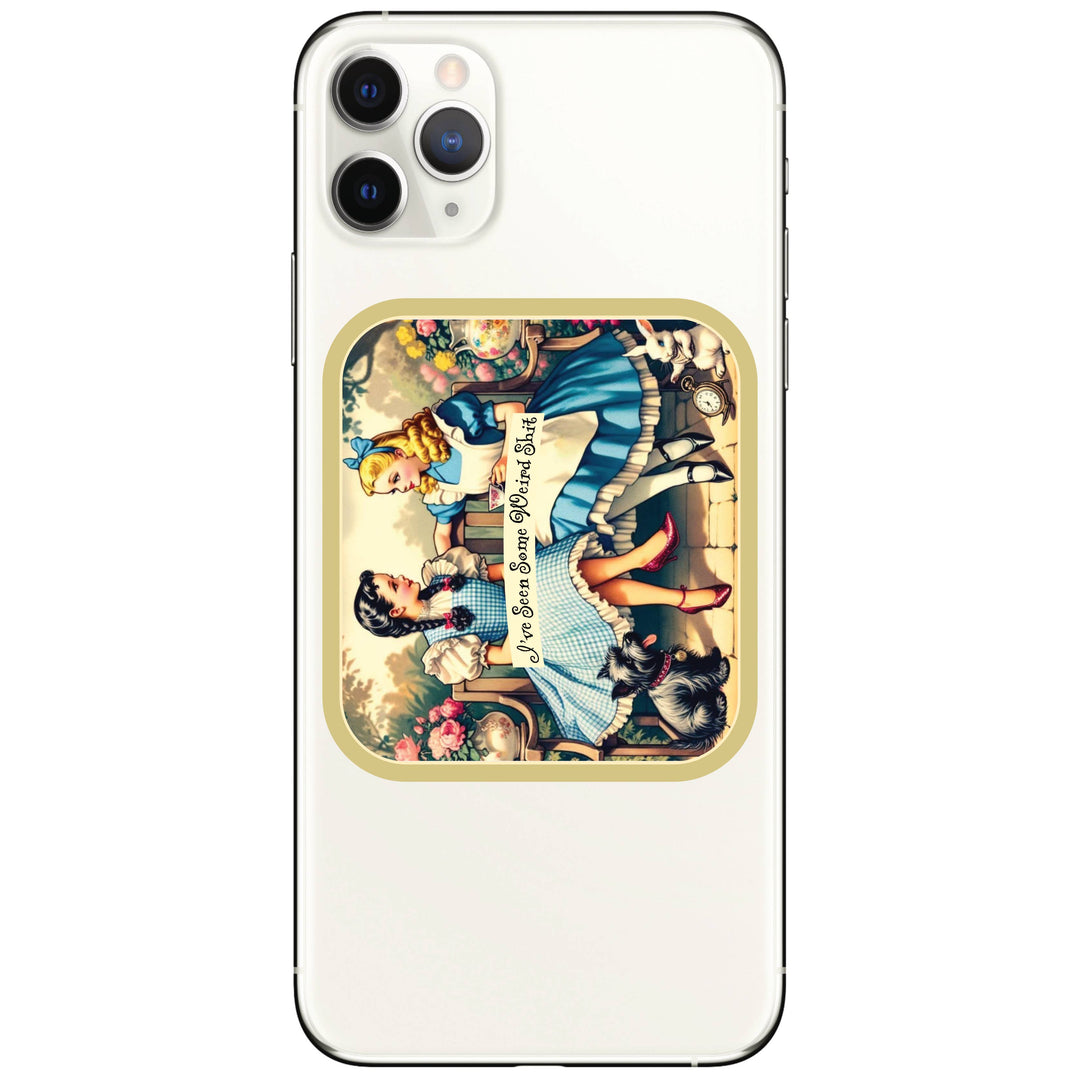 Phone case with a colorful design of characters and text on a white background