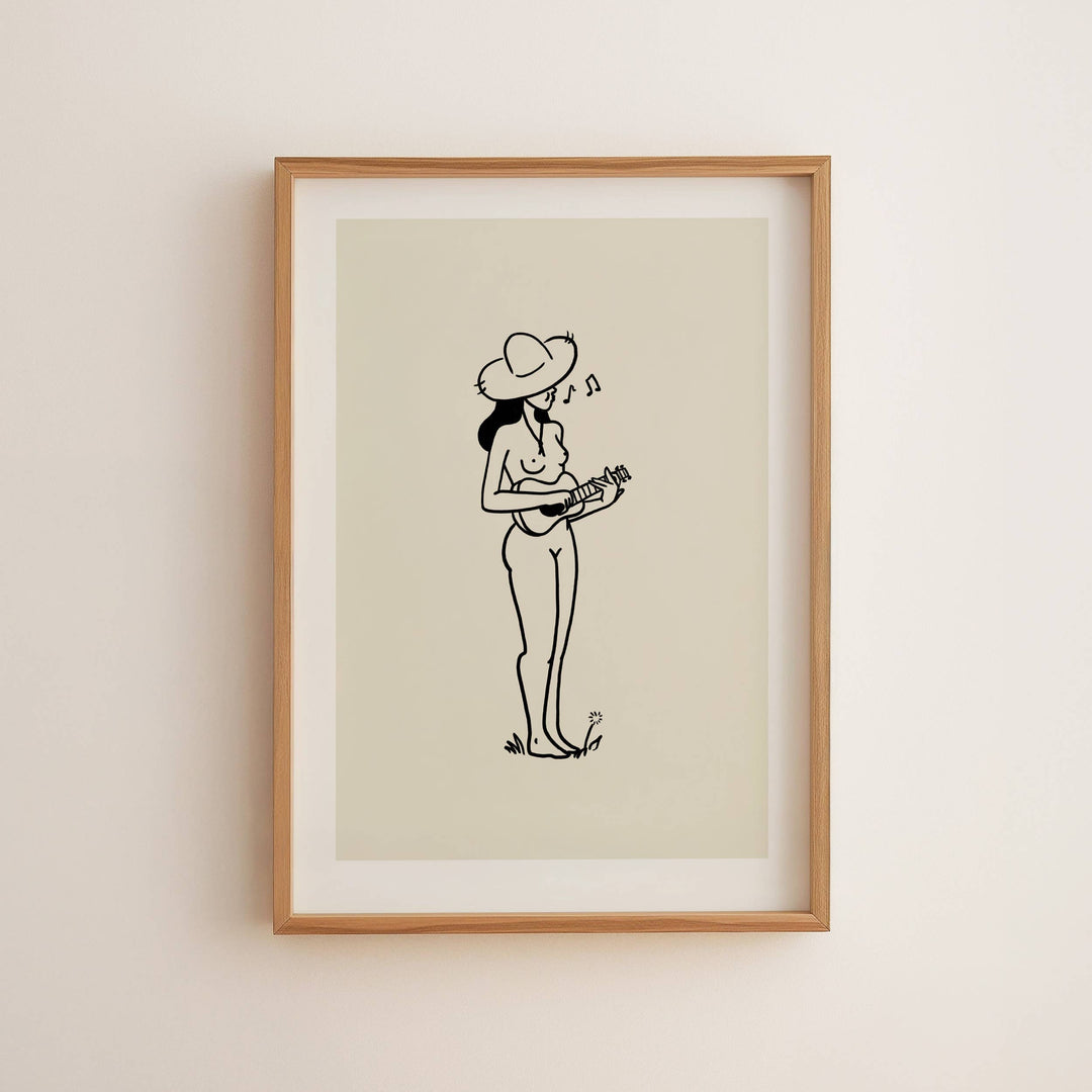 Framed artwork of a woman playing a ukulele on a beige background