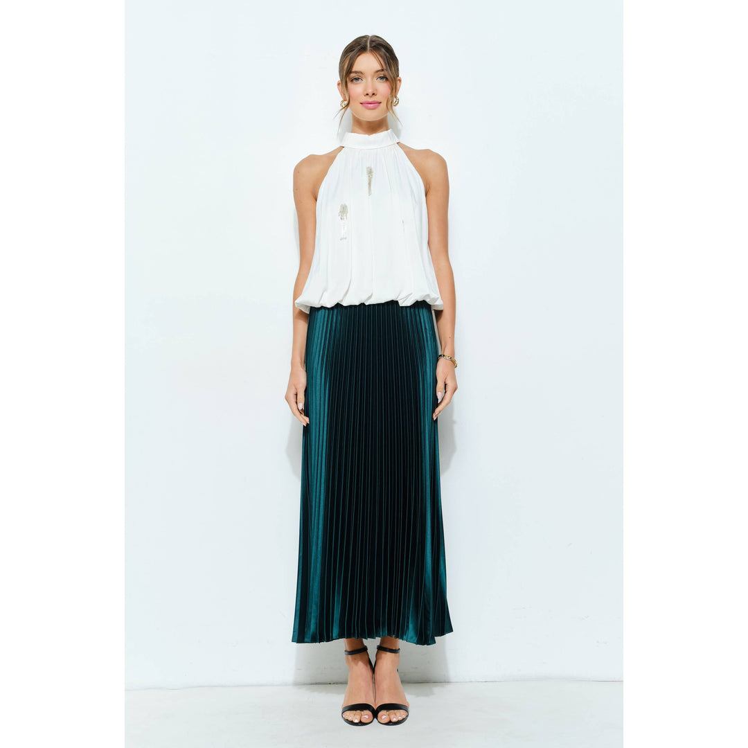 High Waist Satin Pleated Long Skirt