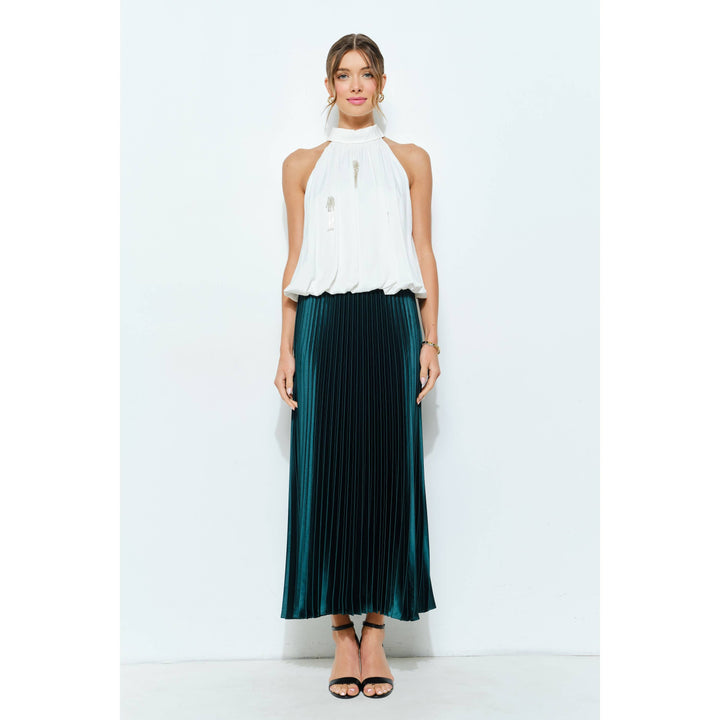 High Waist Satin Pleated Long Skirt