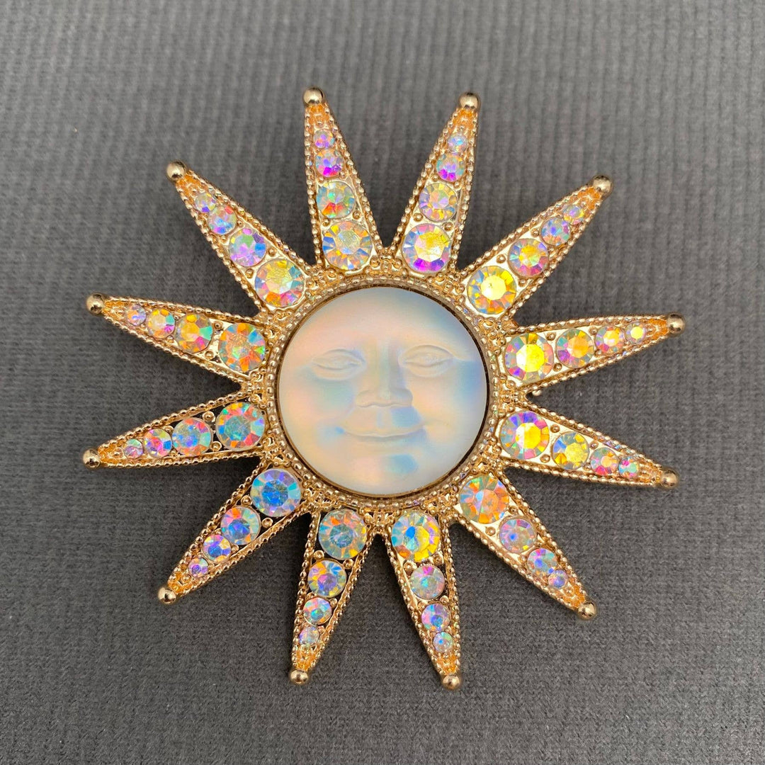 Gold Rhinestone Sun Brooch