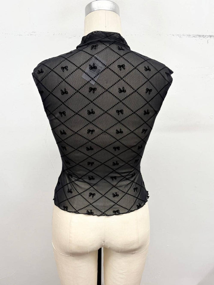 Mock Neck Bow Mesh Sheer Top