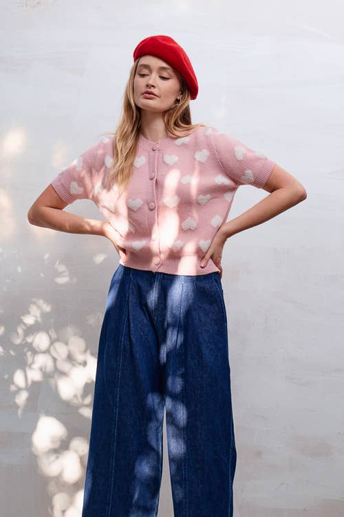BUTTON DOWN HEART PRINT KNIT TOP