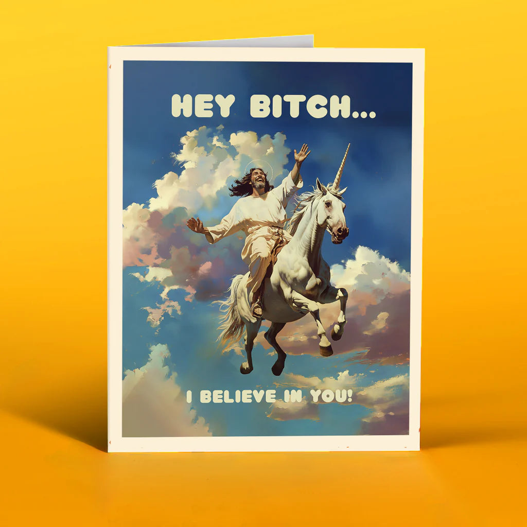 HEY BITCH! jesus unicorn - Greeting Card