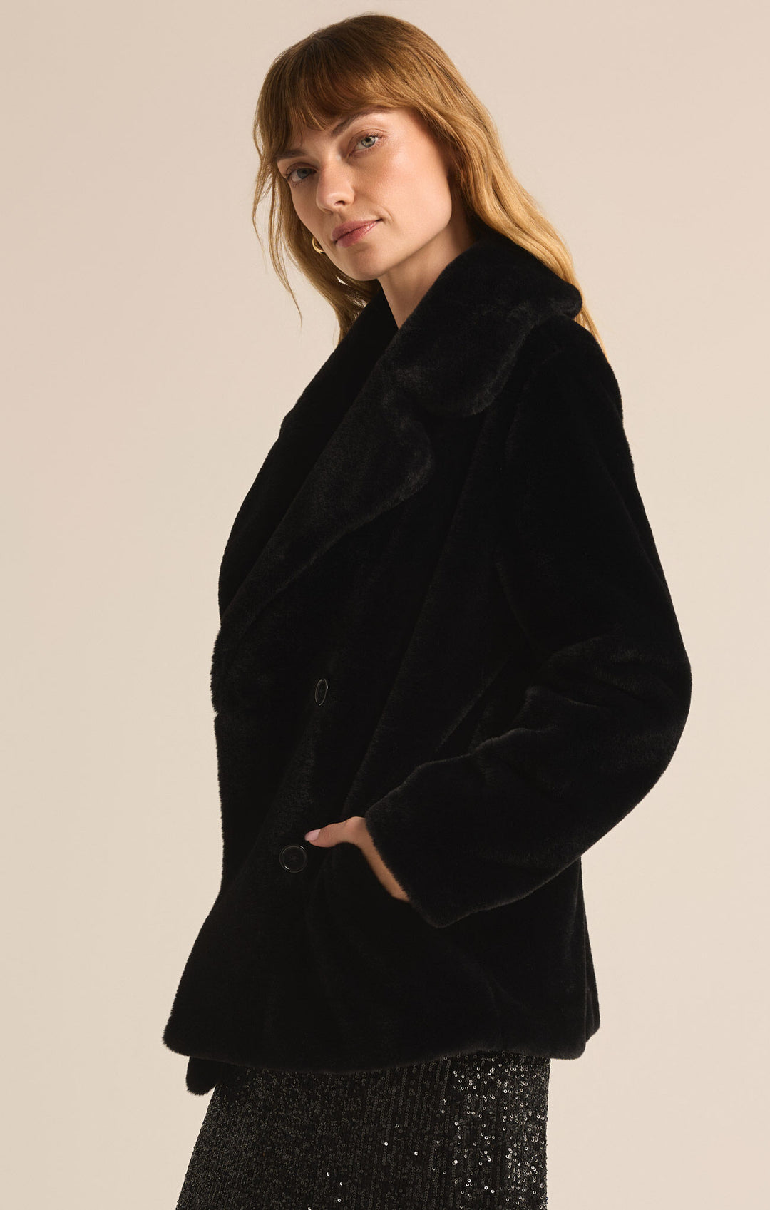 Z Supply Gem Double Breasted Fur Coat Black